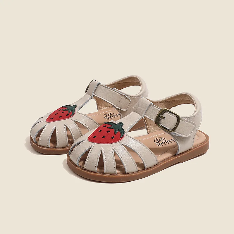 Summer Baby Girls Sandals Genuine Leather Cartoon Strawberry Children's Beach Sandals Cowhide Non-slip Sole Kids Shoes