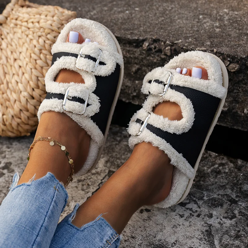 Women\'s Slippers Fur Plush Platform Wear Non-slip Slippers Casual Fashion Pin Buckle Roman Flip-flops Winter New Style