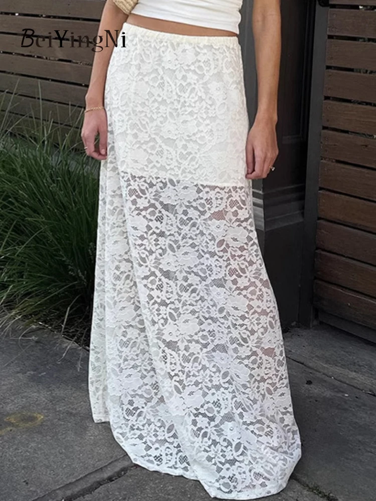 

Beiyingni 2025 New Fashion Women's Lace Skirts Sexy Jacquard Hollow Out Slim Long Maxi Skirt for Woman Chic White Party Skirts