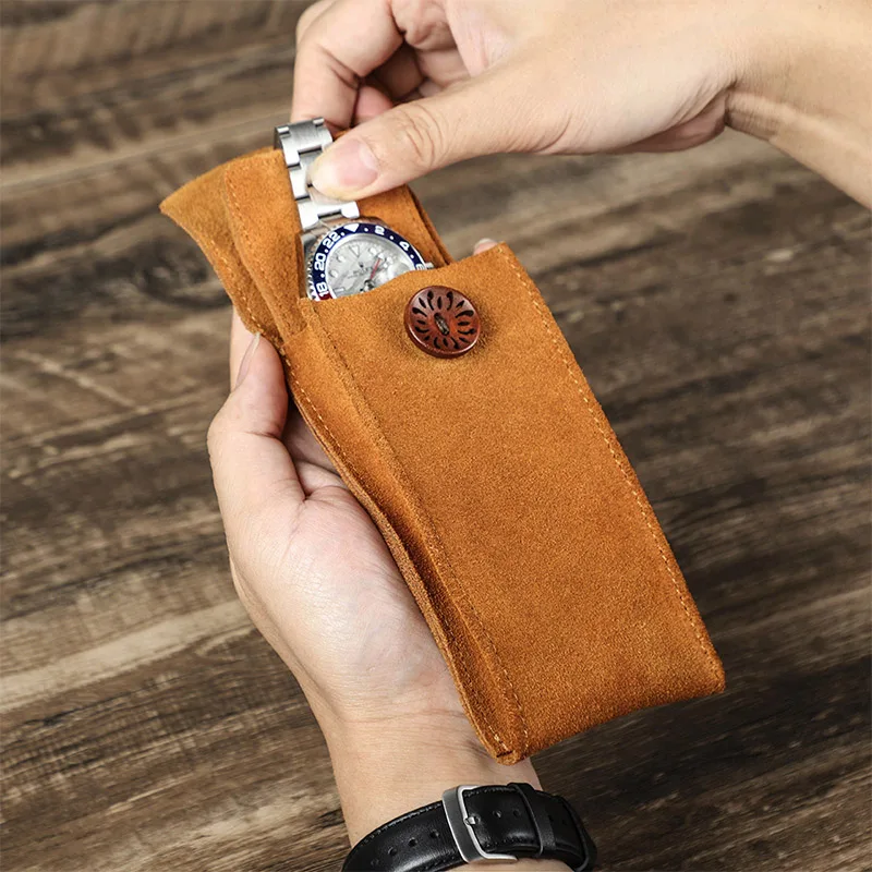 Cowskin Suede Single Watch Travel Pouch Bag Soft Lined Protective Watch Storage Case with Decorative Wooden Snap Button