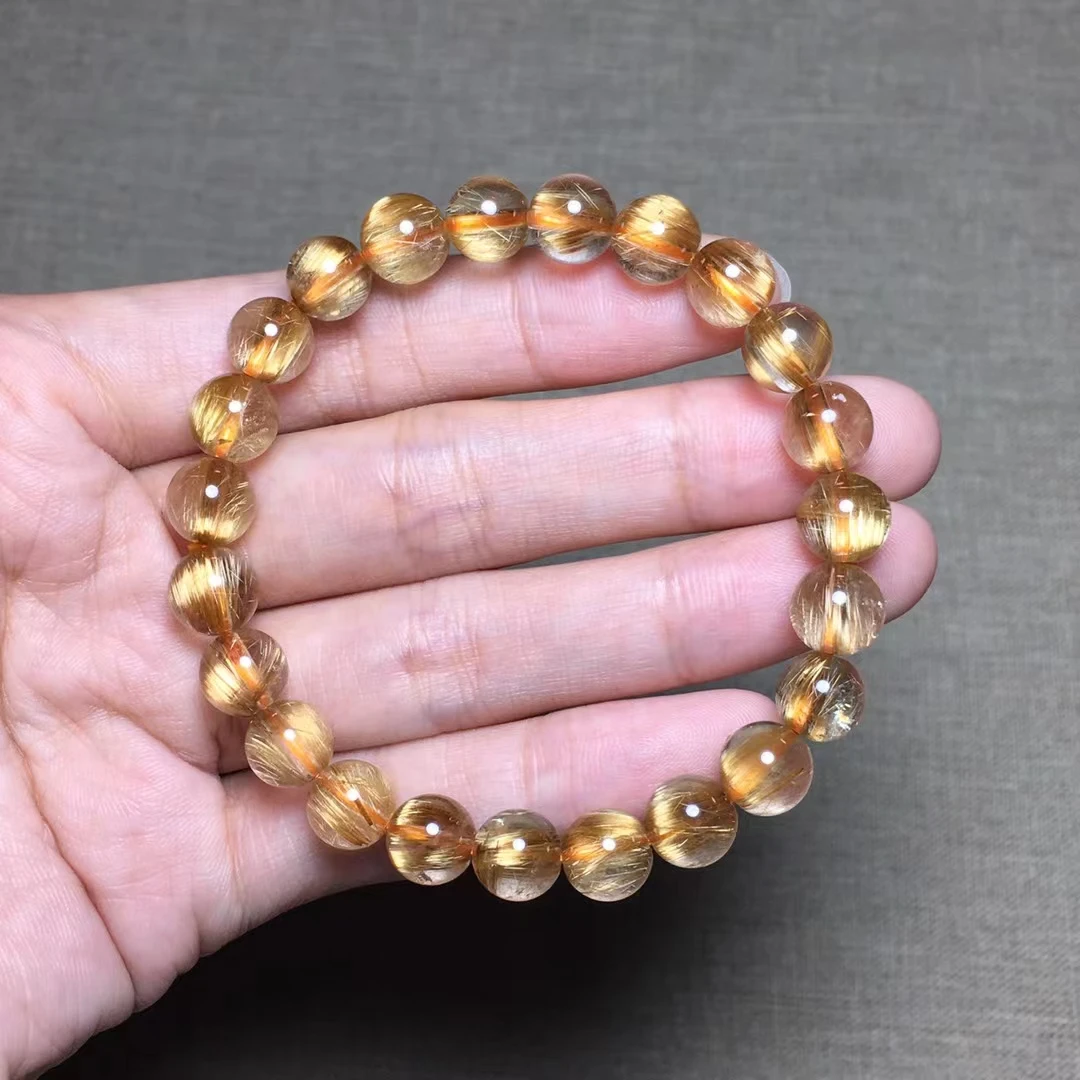 

Natural Gold Rutilated Quartz Titanium Bracelet Wealthy 8mm Woman Men Clear Round Beads Jewelry From Brazil AAAAAAA