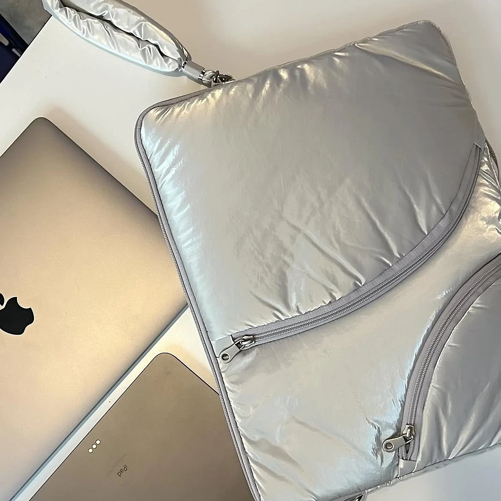 Silver Puffy Cotton Laptop Sleeve Portable Double Sided Shockproof Protective Bag Travel Carry Case for Notebook Tablet
