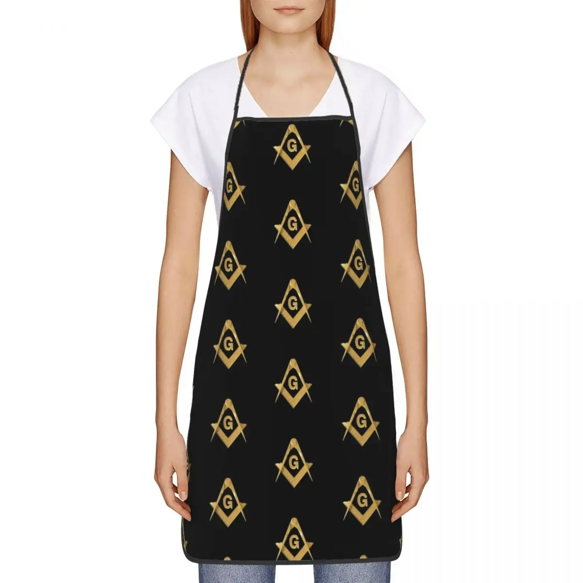 Unisex Freemason Gold Black Pattern Bib Apron Adult Women Men Chef Tablier Cuisine for Cooking Kitchen Masonic Baking