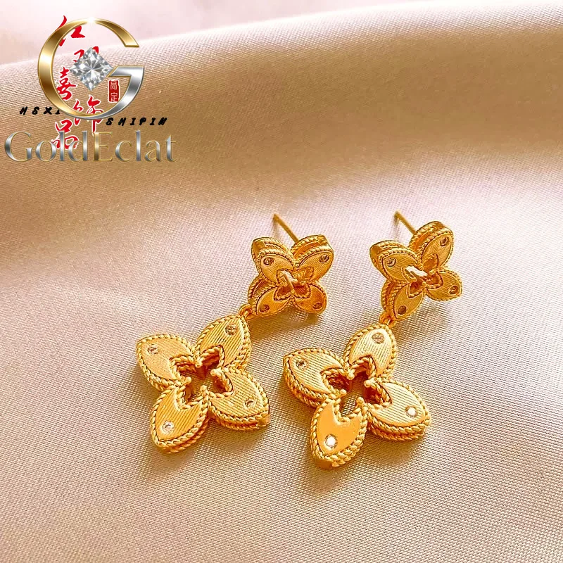 

GoldEclat Luxury 24K 9999 Pure Gold real gold Women's hollow leaf stud earrings