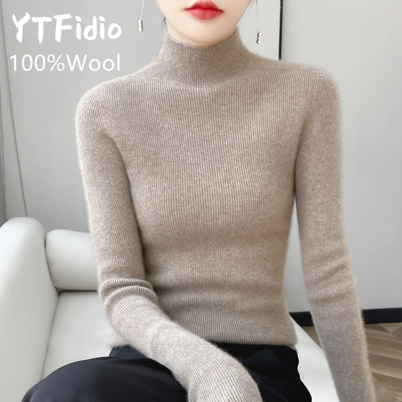 YTFidio 100% Wool Women Vertical Stripes Half High Collar Mock Neck Long Sleeve Sweaters Solid Pullover Knitwear Basic 98