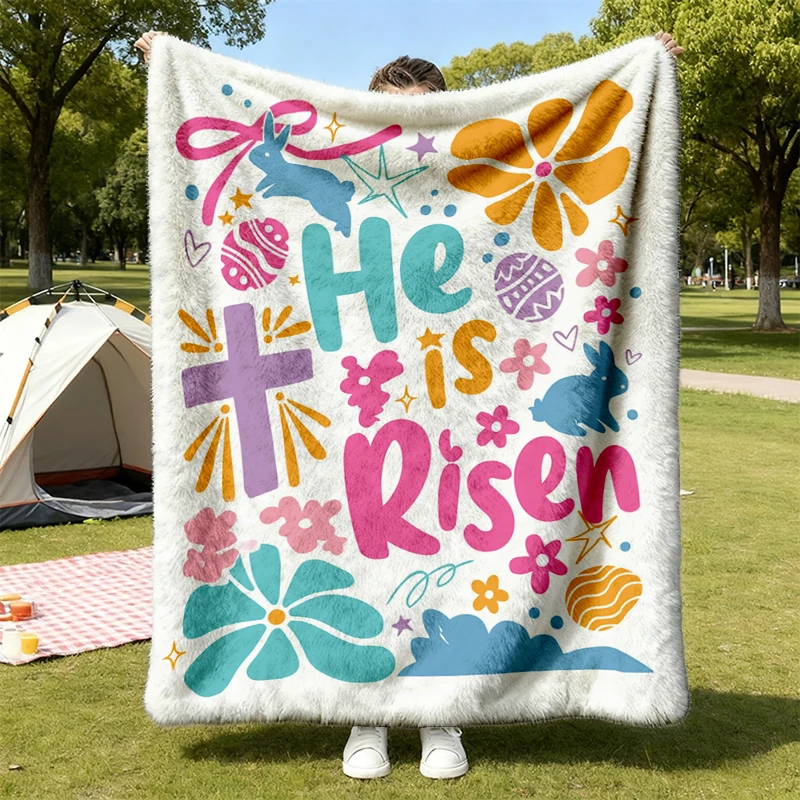 He Is Risen Flannel Blanket, Retro Christian Easter Flannel Throw, Floral Boho Religious Jesus Cozy Blanket