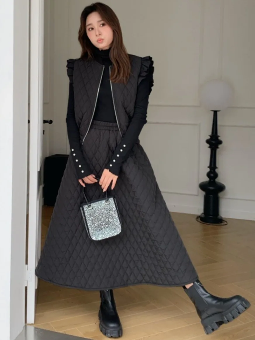 

JL KOREA Diamond Pattern Cotton Vest Thiened f Skirt Cardigan Outerwear with Cotton Wood ain Design