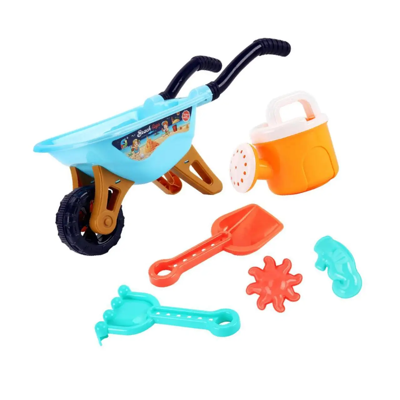 

6pcs Beach Sand Toys Trolley Rakes Watering Can Outdoor Tools Kits Orange