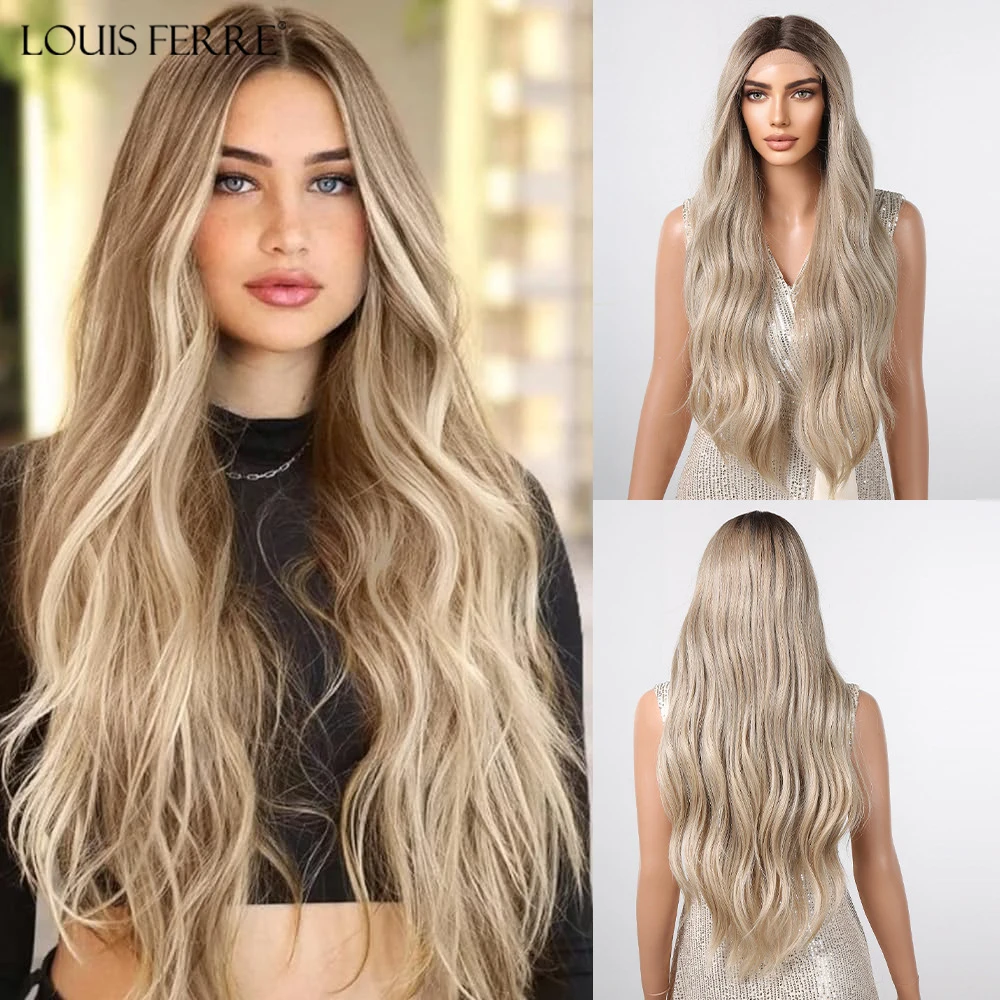 Gray Brown Ombre Lace Frontal Synthetic Wigs for Women Long Wavy Curly Hair Middle Part Black Roots Wigs for Daily Use Cosplay