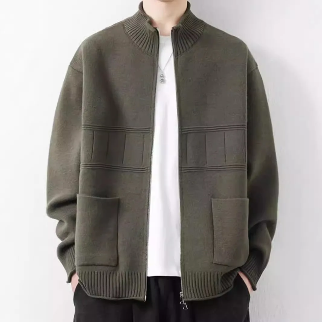 Stand-up collar knitted cardigan jacket men's spring and autumn trendy brand loose casual jacket light casual men's clothing