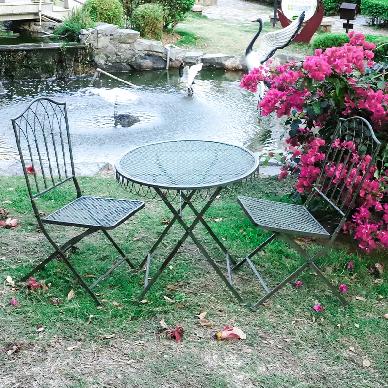 

Balcony table and chair kit retro green simple fashion coffee table modern villa leisure table and chair wrought iron