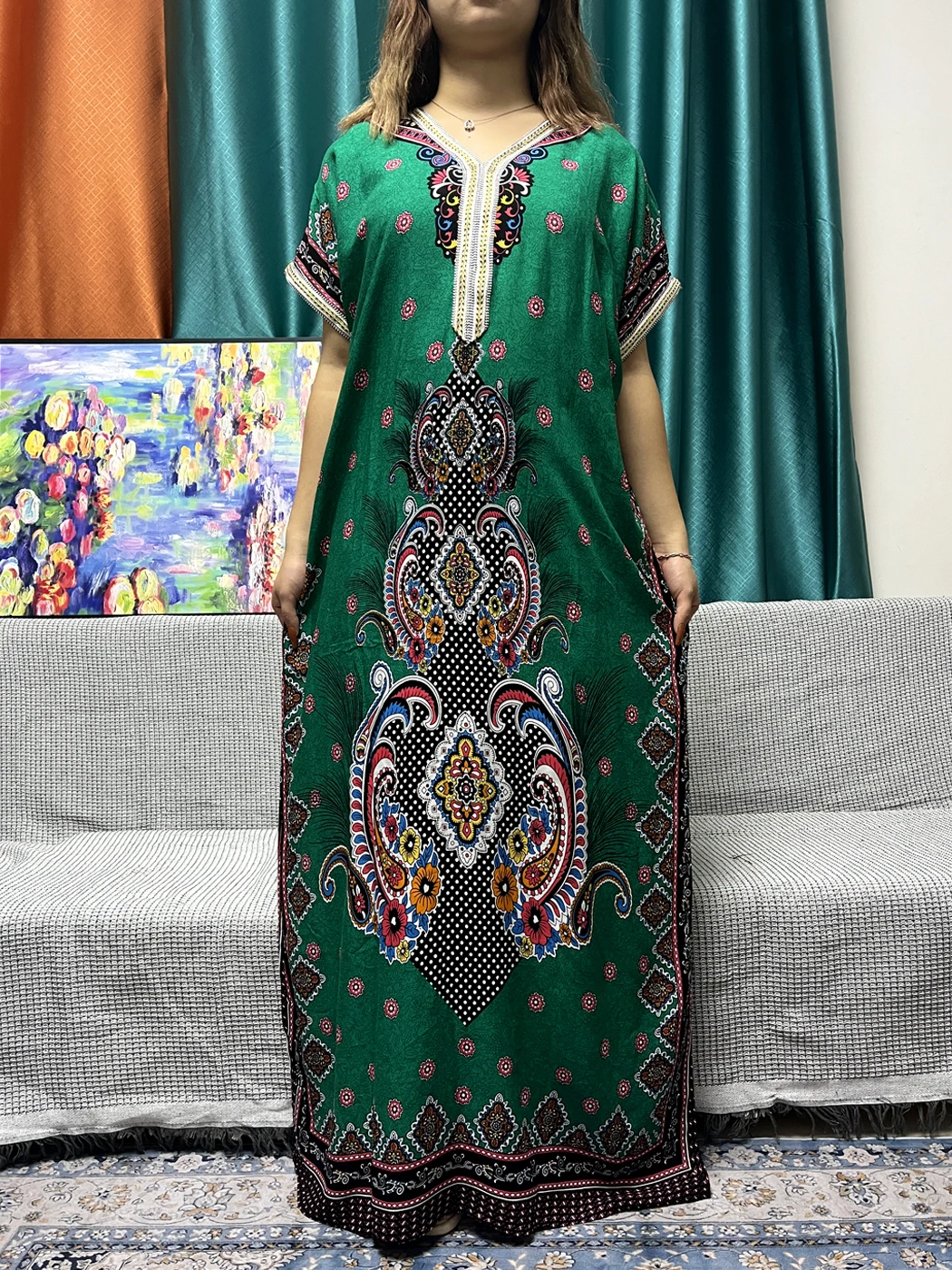Abayas musulmanes pour femmes, appliques florales imprimées, coton, manches courtes, adt Fit, robe africaine, robes islamiques avec turban