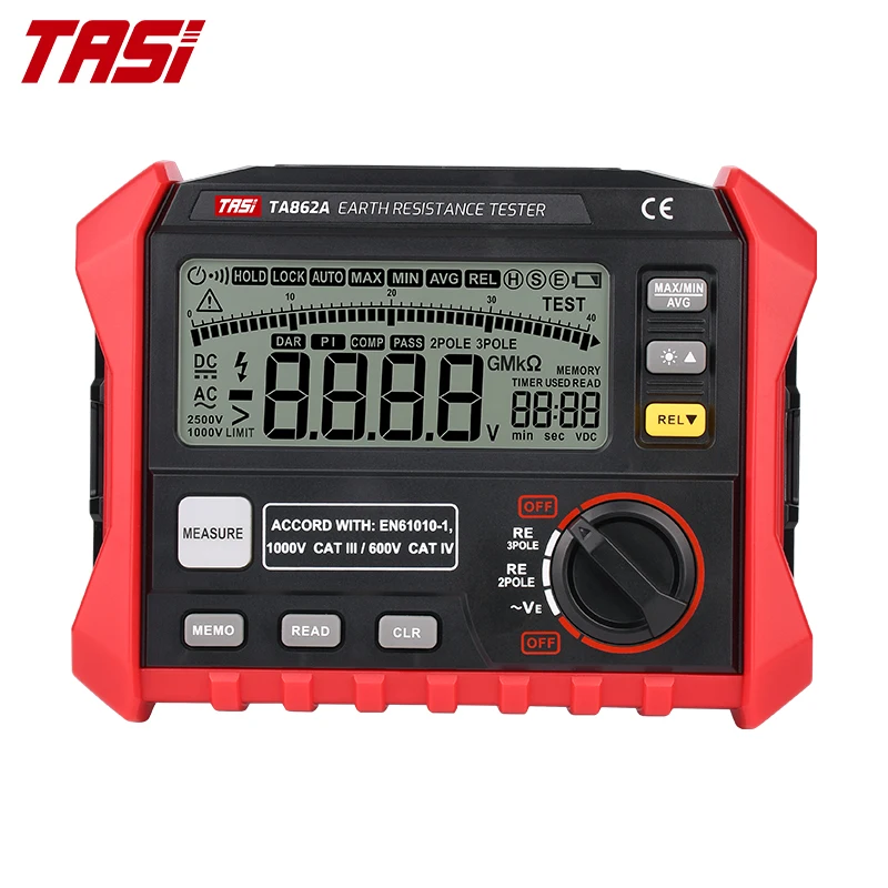 

TASI TA862A Earth Resistance Tester Digital Insulation Ground Resistance Meter Ohm Real LCD Backlight Voltage Megohmmeter