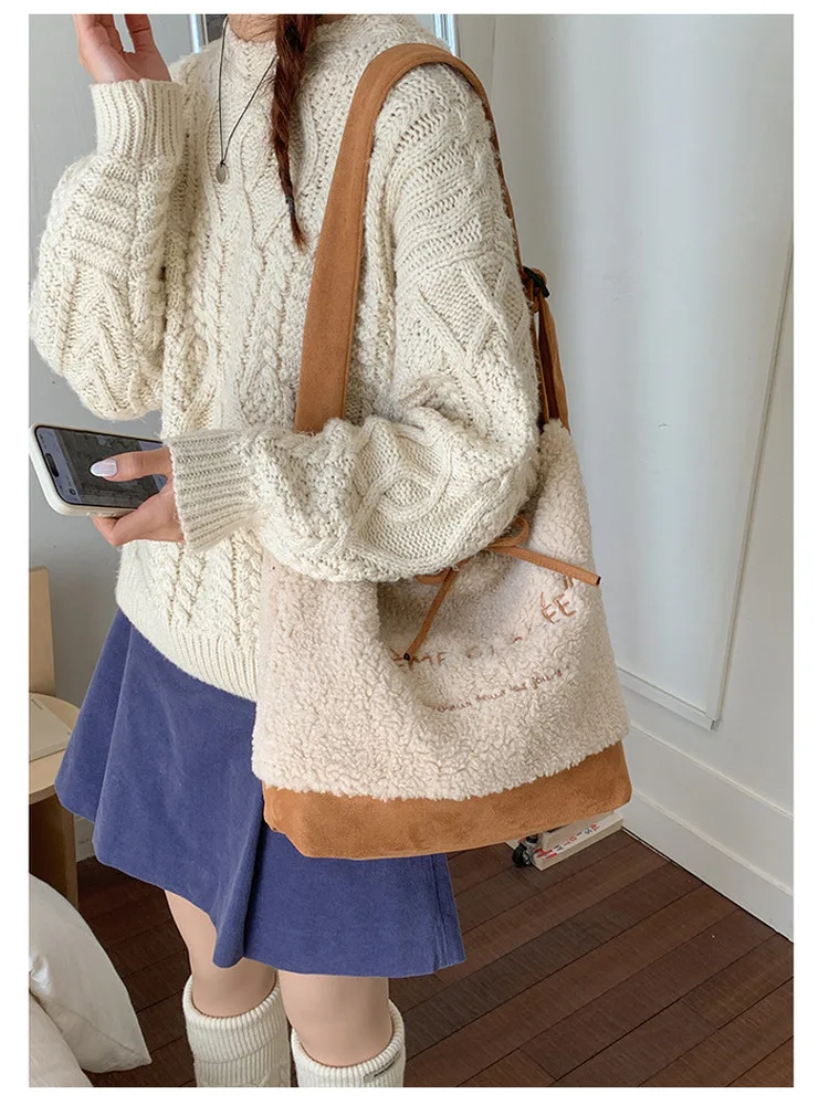 

Корейская двусторонняя сумка-ведро из овечьей шерсти с вышивкой, на одно плечо, кроссбоди, сумка-тоут для женщин, осень-зима