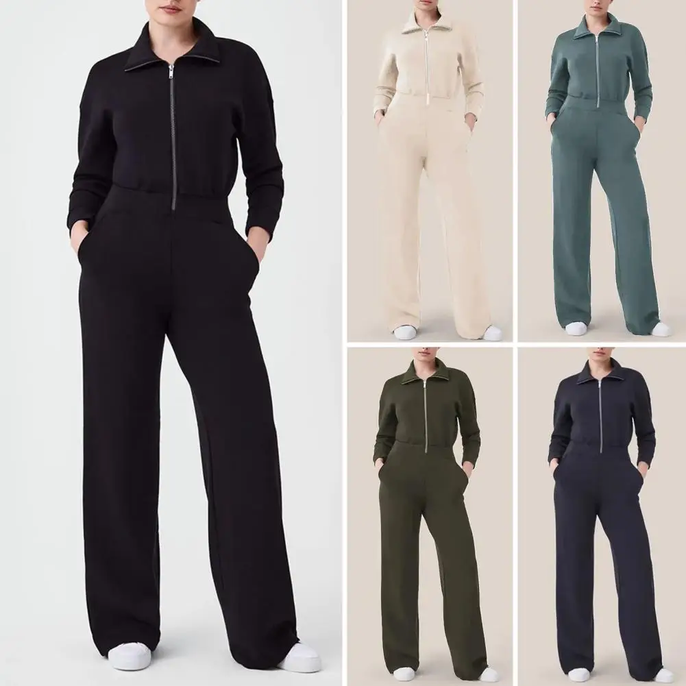 Jumpsuit lengan panjang wanita, Jumpsuit nyaman warna Solid dengan saku kaki lebar, penutupan ritsleting, kaki hangat