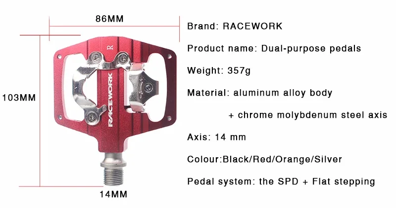 RACEWORK Mountainbike-Fahrradpedale MTB Klickpedale Selbstverriegelnde CNC-Aluminiumlegierung DU-Lager Doppelte Flachplattform – Detail 7