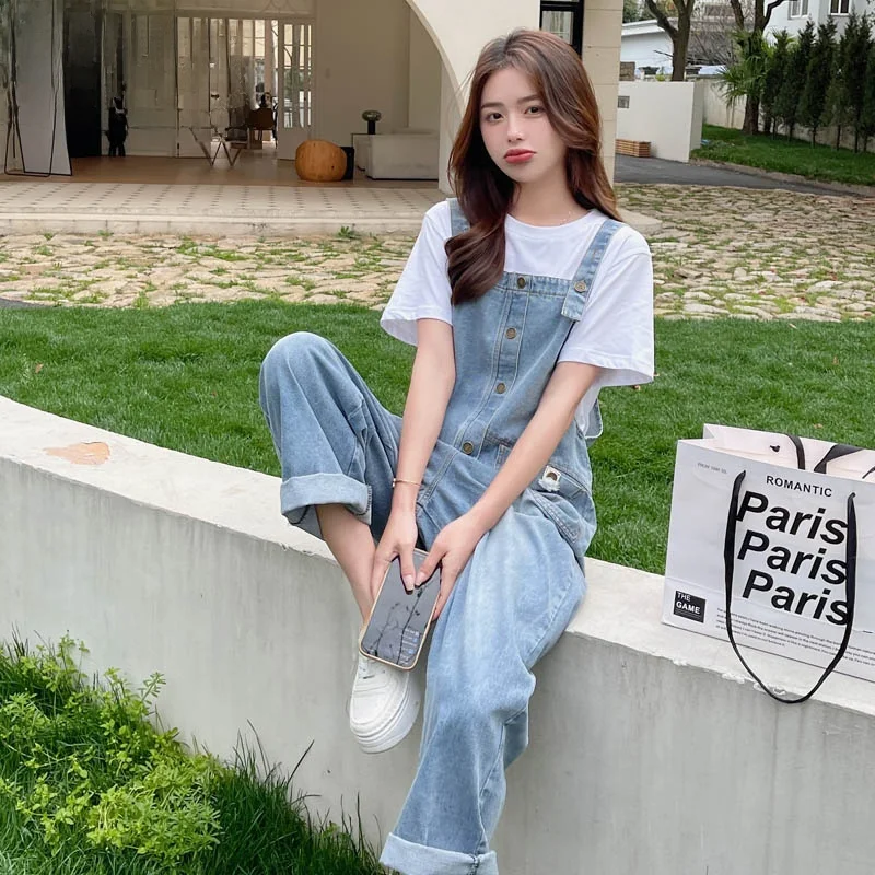 

Loose Wide Leg Denim Overalls Women's Summer New Korean Style High Waist Casual Outfit Set Comfortable Breathable Polyester F...