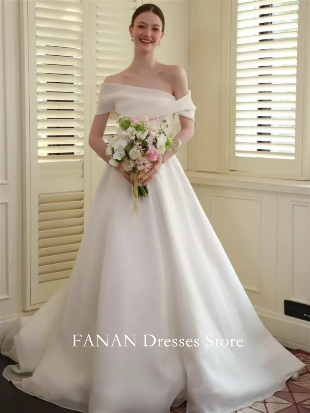 

FANAN Off-Shoulder Korea Ivory A-Line Backless Wedding Dresses 웨딩드레스 Organza Sleeveless Customized Pretty Bride Gowns Plus Size