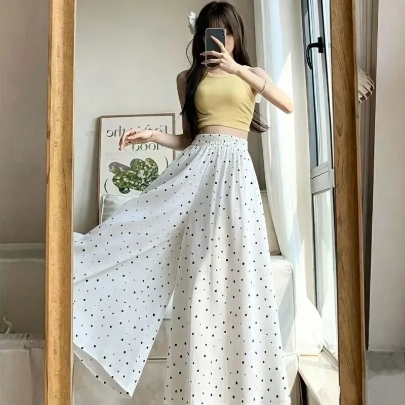 Women Fashion Wave Point Wide Leg Trousers Summer Femme High Waist Pants Long Skirts Ladies Casual Yamamoto Pantalons Maxi Skirt