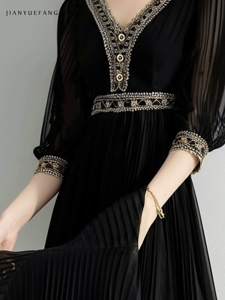 2024 Summer Elegant Vintage Black Embroidered Chiffon Dress Women\'s High Waist A-line V-neck Short Sleeve Party Cocktail Dresses