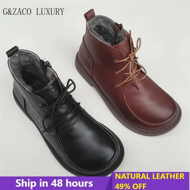 Wide Toe Genuine Sheepskin Fur Short Leather Boots Winter Men Women Warm High-top Cotton Shoes Natural Wool Cowhide Boots 44