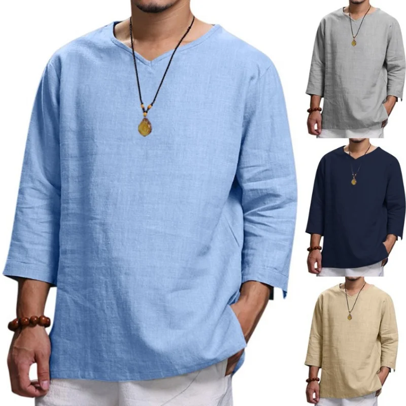 

Men's V Neck Cotton Linen T Shirts Male Breathable Solid Color Tees Long Sleeve Shirts Casual Fashion Linen T-Shirt Tops M-4XL