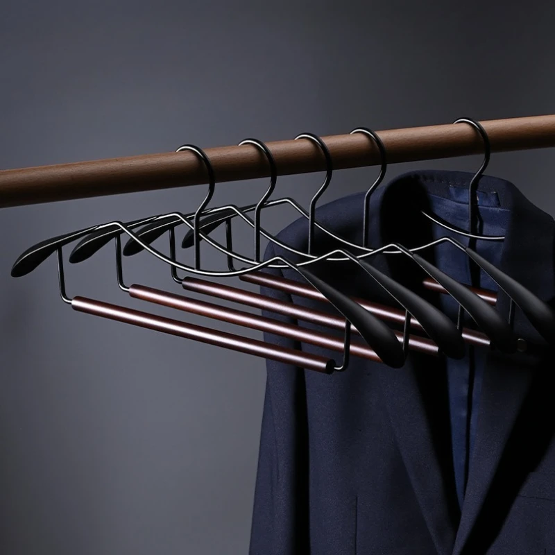 5PCS/set Wide Shoulder Short-Neck Hangers,Premium Iron Suits Hanger with Wood Crossbar for Clothes,Jacket Sorage Rack for Men