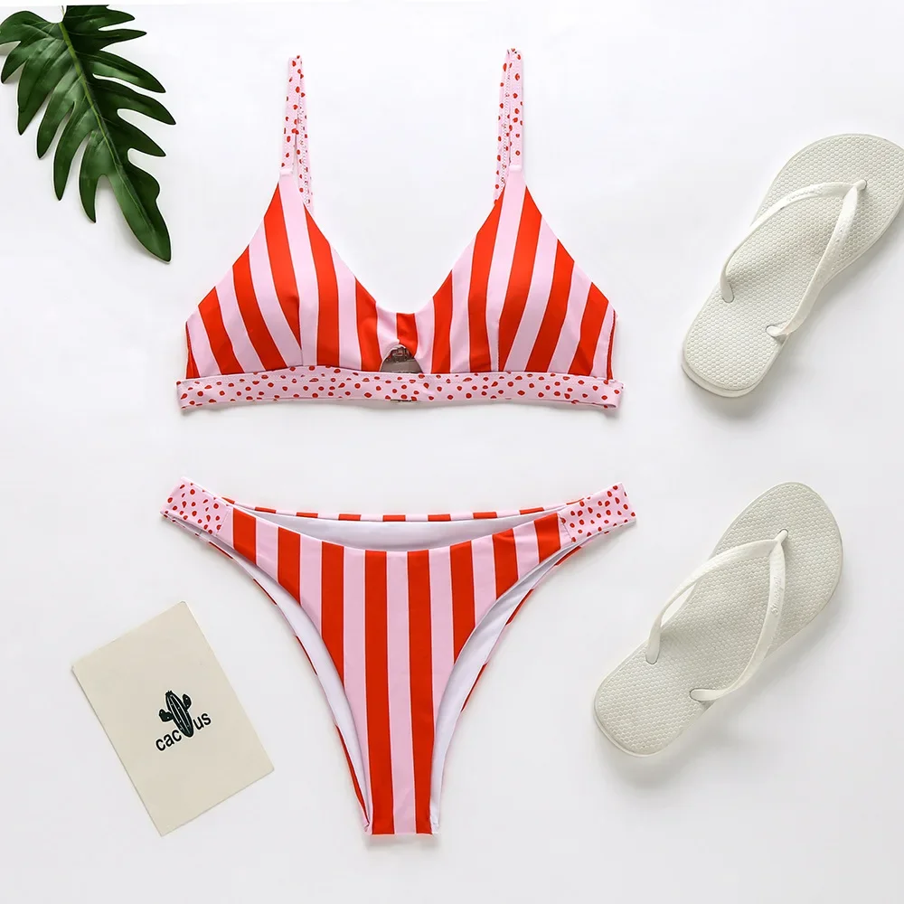 Conjunto de Bikini con Push-Up para mujer, bañador Sexy, traje de baño a rayas, Bikini con espalda descubierta para mujer, ropa de playa 2021