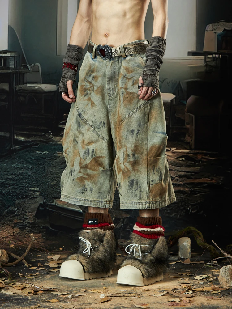 

Niche Designer Wasteland Style Wear Dirty Dyed Design Side Pinch Pleated Layered Wide Leg Cropped Jeans Summer