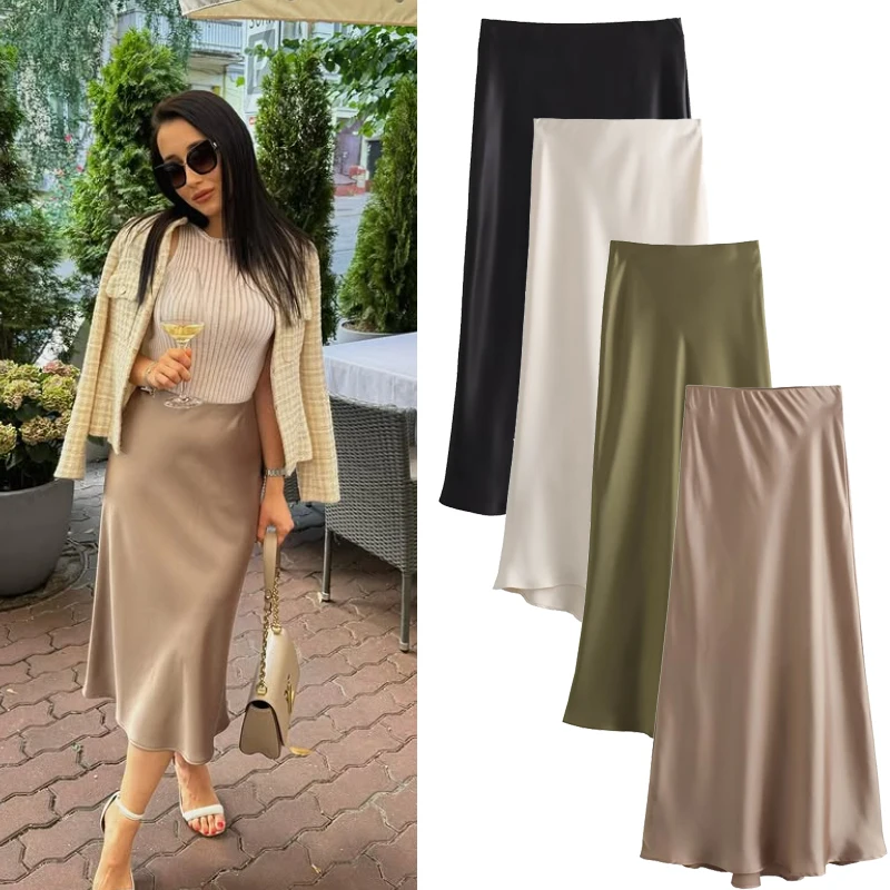 

Satin Women Skirt Women High Waist Long Skirts for Women Summer Black White Green Khaki Midi Skirt Office Elegant Daily Skirts