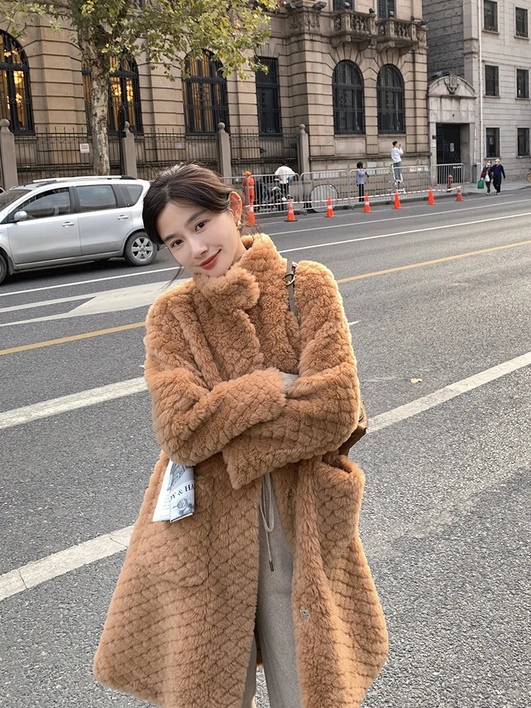 New Stand Collar Cloud Medium and Long Light Soft Lamb Wool Grain Sheep Sheared Fur Coat Cardigan Female