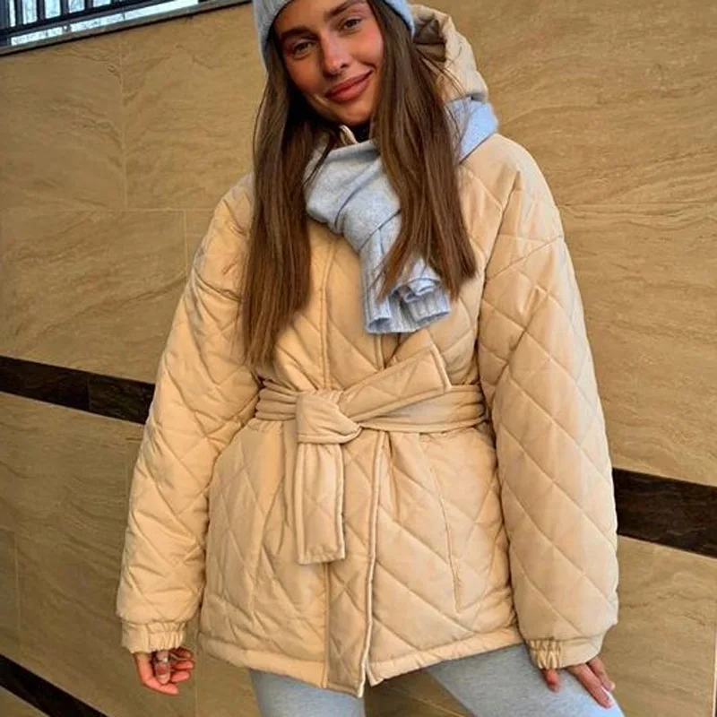 2024 Casual Loose Arygle Hooded Parkas Women Fashion Solid Thick Short Coats Women Elegant Tie Belt Cotton Jackets Female Ladies