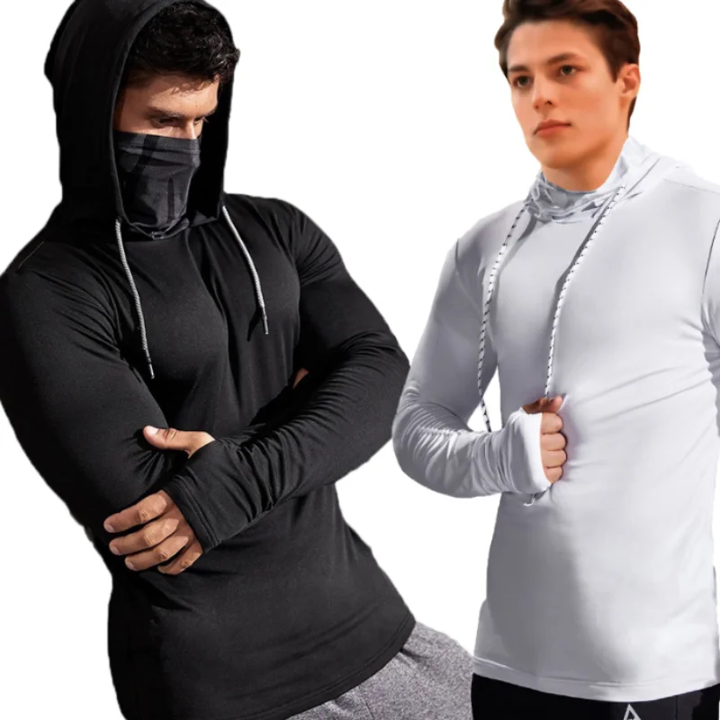 Moletom de manga comprida com máscara masculina, capuz fino, moletom casual, emenda, capuz grande, tops com capuz, ciclismo, academia, novo