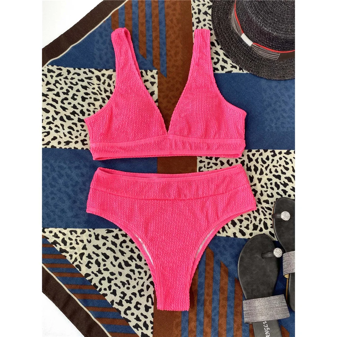 Gefalteter, geraffter Damen-Badeanzug mit V-Ausschnitt, hochtaillierter Bikini, zweiteiliges Bikini-Set, Badebekleidung, Badeanzug, Modell V3590. – Detail 36
