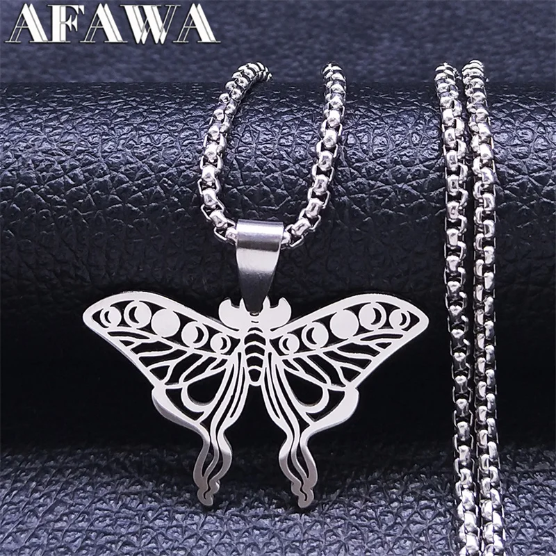 Witchcraft Stainless Steel Butterfly Moon Phase Necklaces Chain Women/Men Silver Color Statement Necklace Jewelry collares N8023