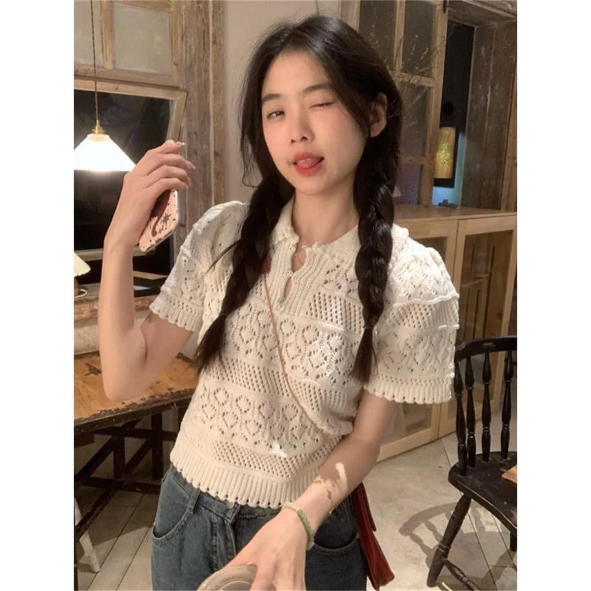 T-shirt Women Fashion Summer Knits Short Sleeve Crochet Hollow Casual