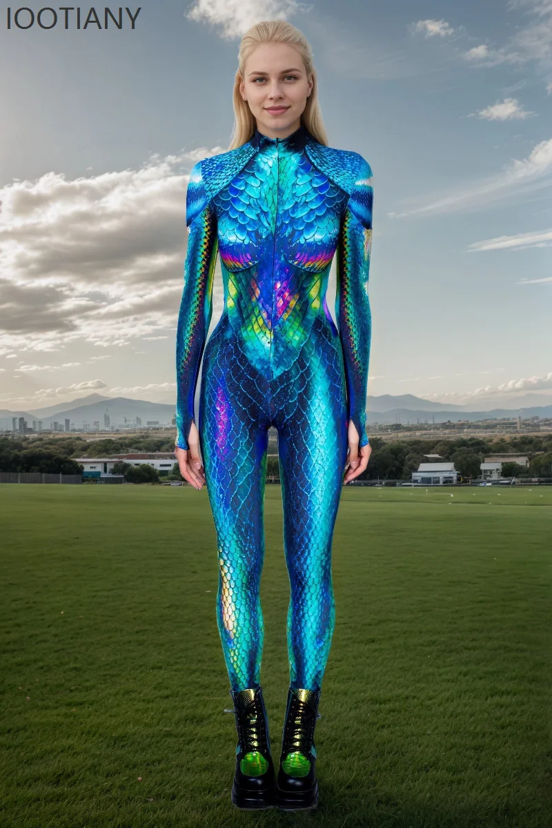 

IOOTIANY Women Mermaid Jumpsuit Halloween Party Cosplay Costume Colorful 3D Printing CyberPunk Rainbow Zentai Suit