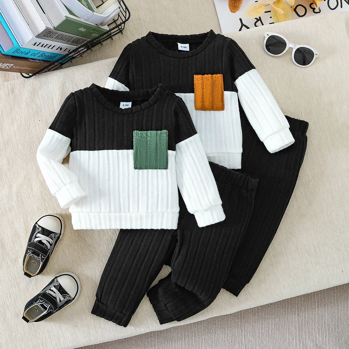 

Spring/Fall 2026 Unisex Baby (0-4Y) Black & White Color Block Crew Neck Sweatshirt & Ribbed Jogger Pants 2pc Set: Soft Breathabl