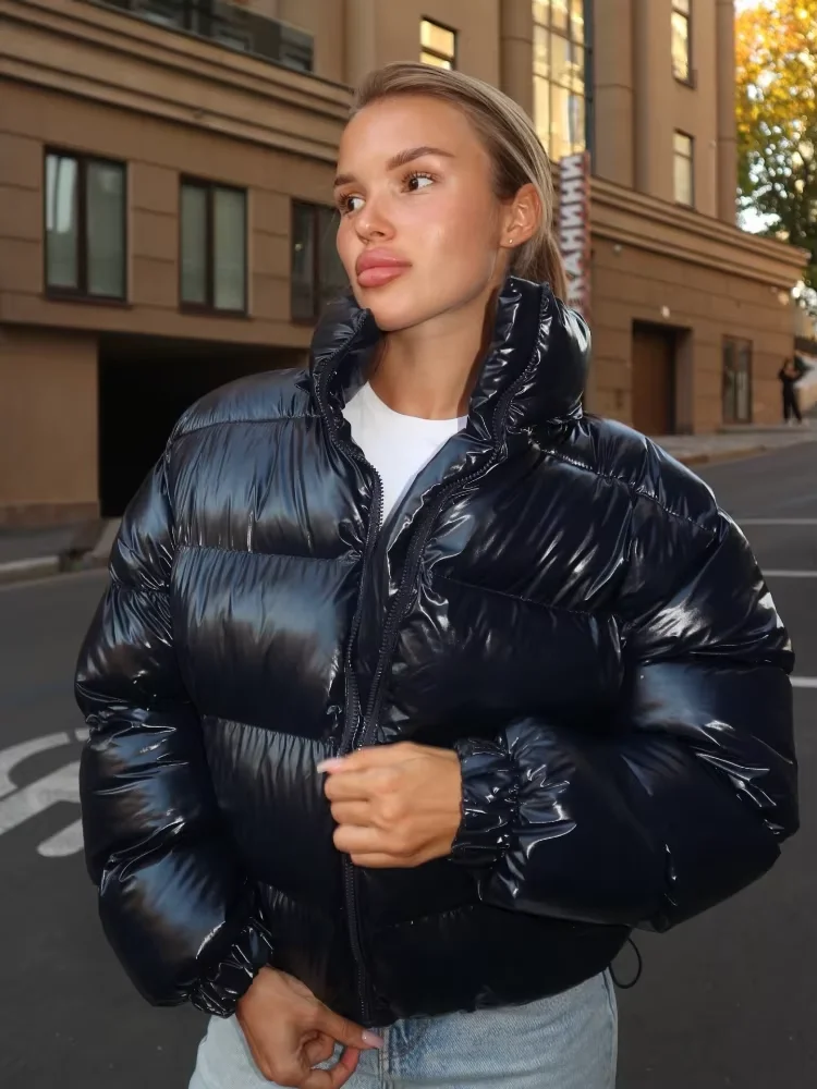Warm Solid Shiny Padded Hooded Winter Coat Glossy Long‑sleeve Thick Winter Quilted Outerwear Women Casual Cotton‑padded Jackets
