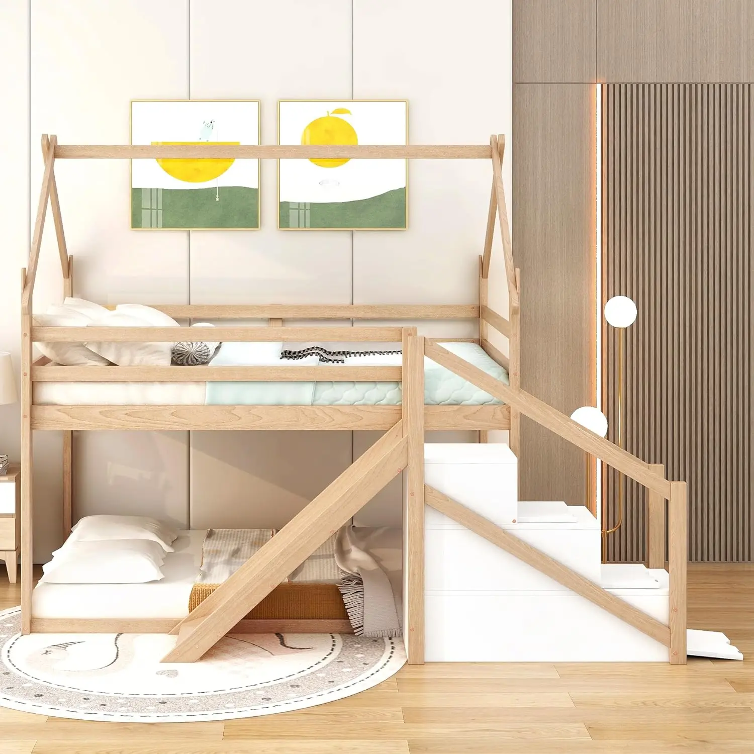 Lit Superposé en Bois pour Maison avec Coulissante et Escalier de Rangement, Cadre de Lit Loft avec Toit et Sécurité