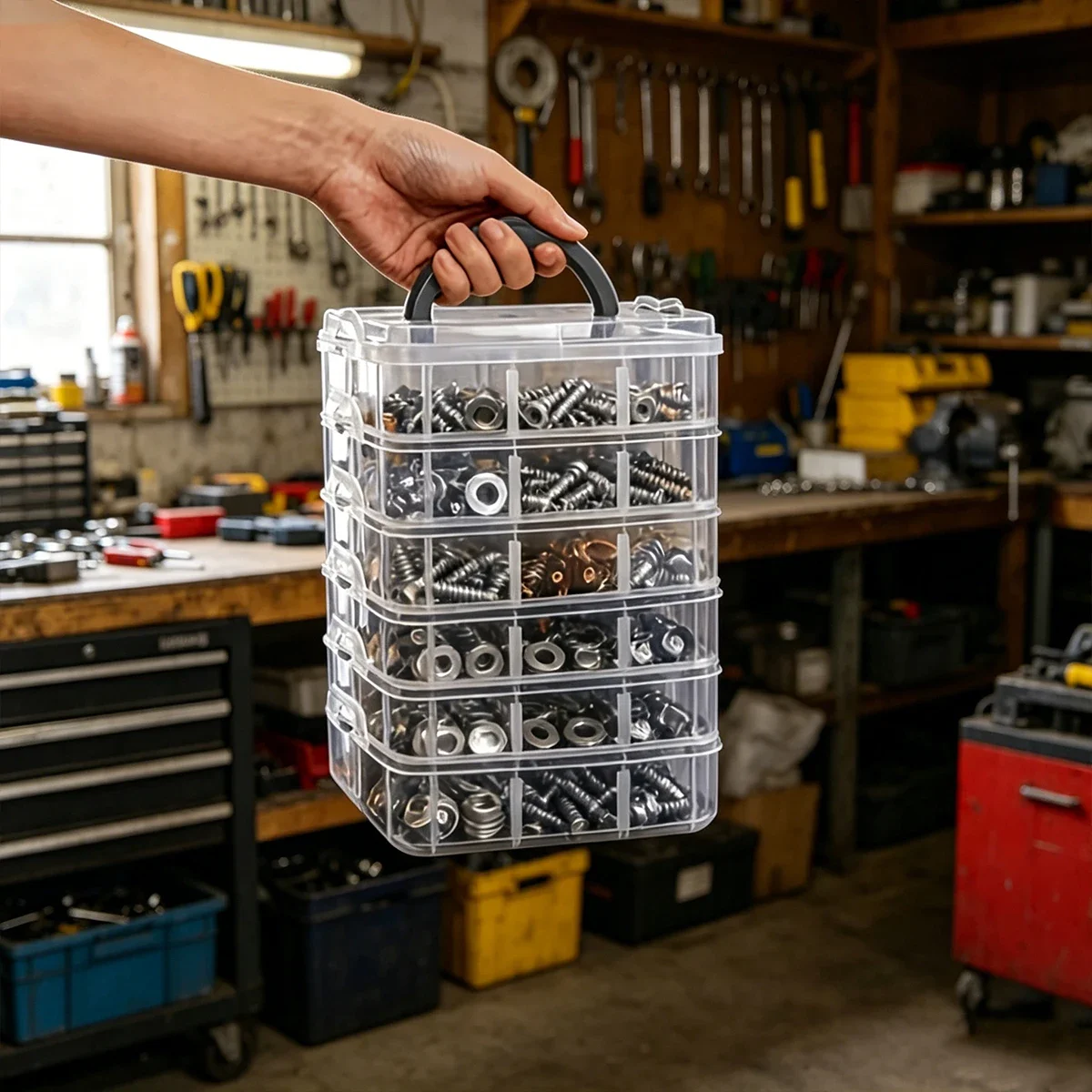 1個で積み重ね可能なプラスチック製ハードウェア収納ボックス、多層ネジボルト部品整理ボックス、ポータブルハンドヘルドデスクトップ部品収納ボックス