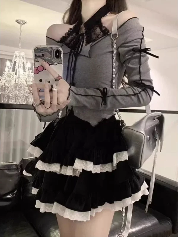 Doce e picante sle veludo renda ter ne topo e saia conjunto de duas peças para mulher outono inverno faion ensemble