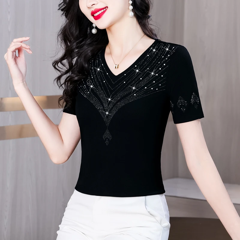 

Летняя женская одежда, новая модная футболка с бриллиантами и v-образным вырезом, коротким рукавом, черные повседневные женские топы