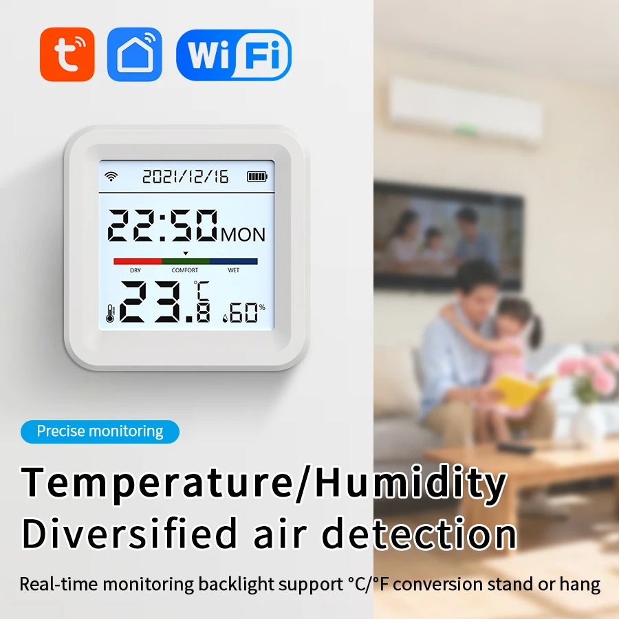 

Датчик температуры и влажности с дисплеем, домашний умный термометр Tuya Wi-Fi, гигрометр, работает с управлением через приложение Alexa Google