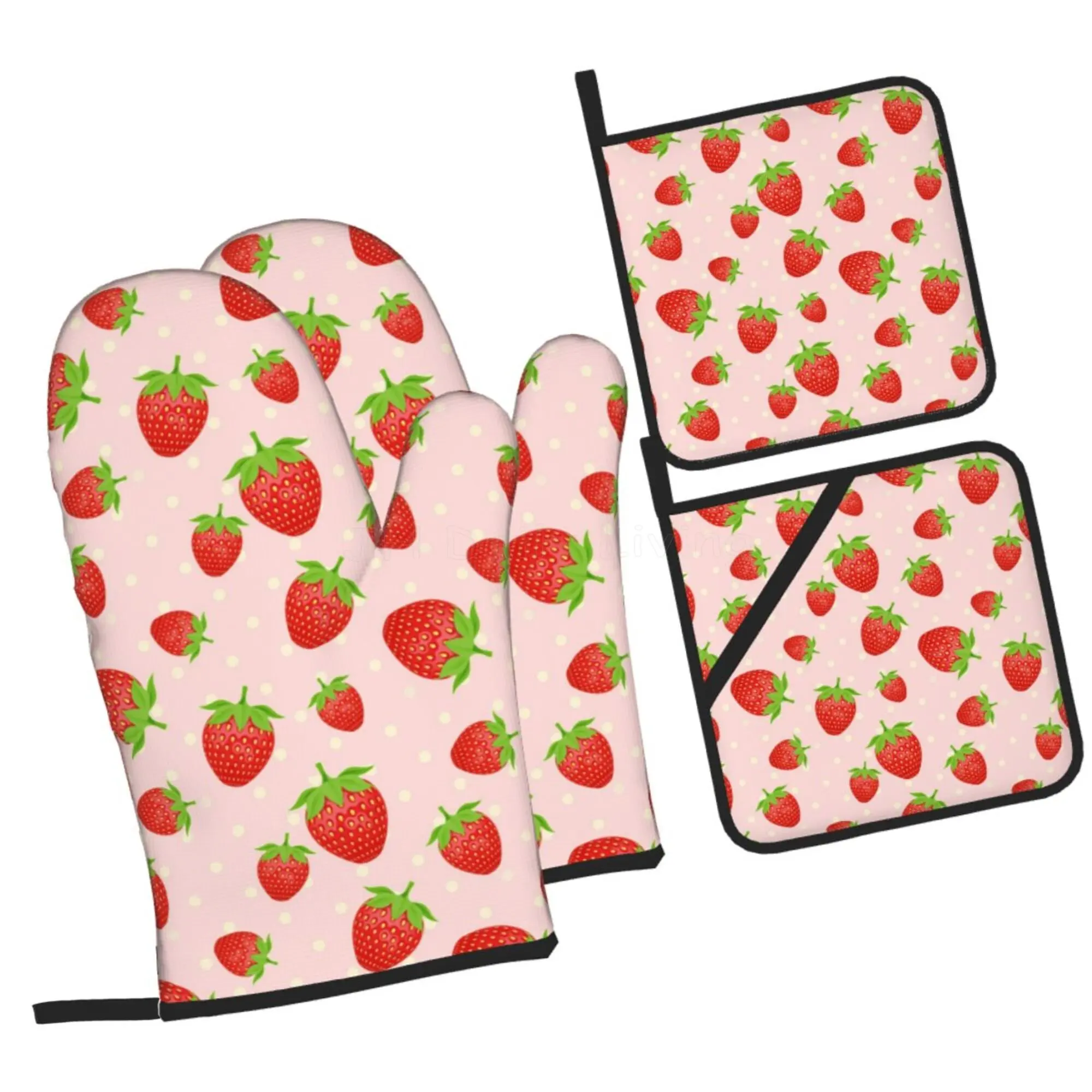 

Cute Strawberry 4pcs Oven Mitts and Pot Holders Sets Heat Resistant Non Slip Kitchen Gloves Hot Pads with Inner Cotton Layer