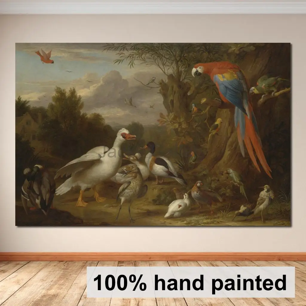 Hand Painted Classical Canvas Art Macaw Ducks Parrots and Birds Landscape Jakob Bogdany Oil Painting Artwork for Hallway Office