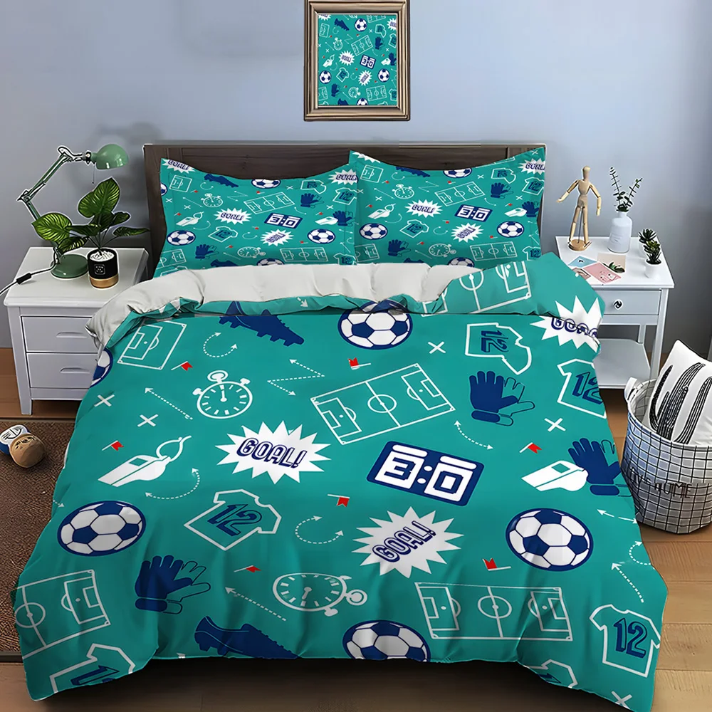 Football Elements Pattern Bedding Set for Kids Luxury Gift 3pcs Digital Print Comforter Set Soft Comfortable Breathable