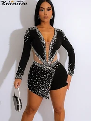 Kricesseen Sexy Rhinestone Mesh Patchwork Irregular Rompers Women Long Sleeve V Neck Playsuit Skinny Clubwear Short Jumpsuit