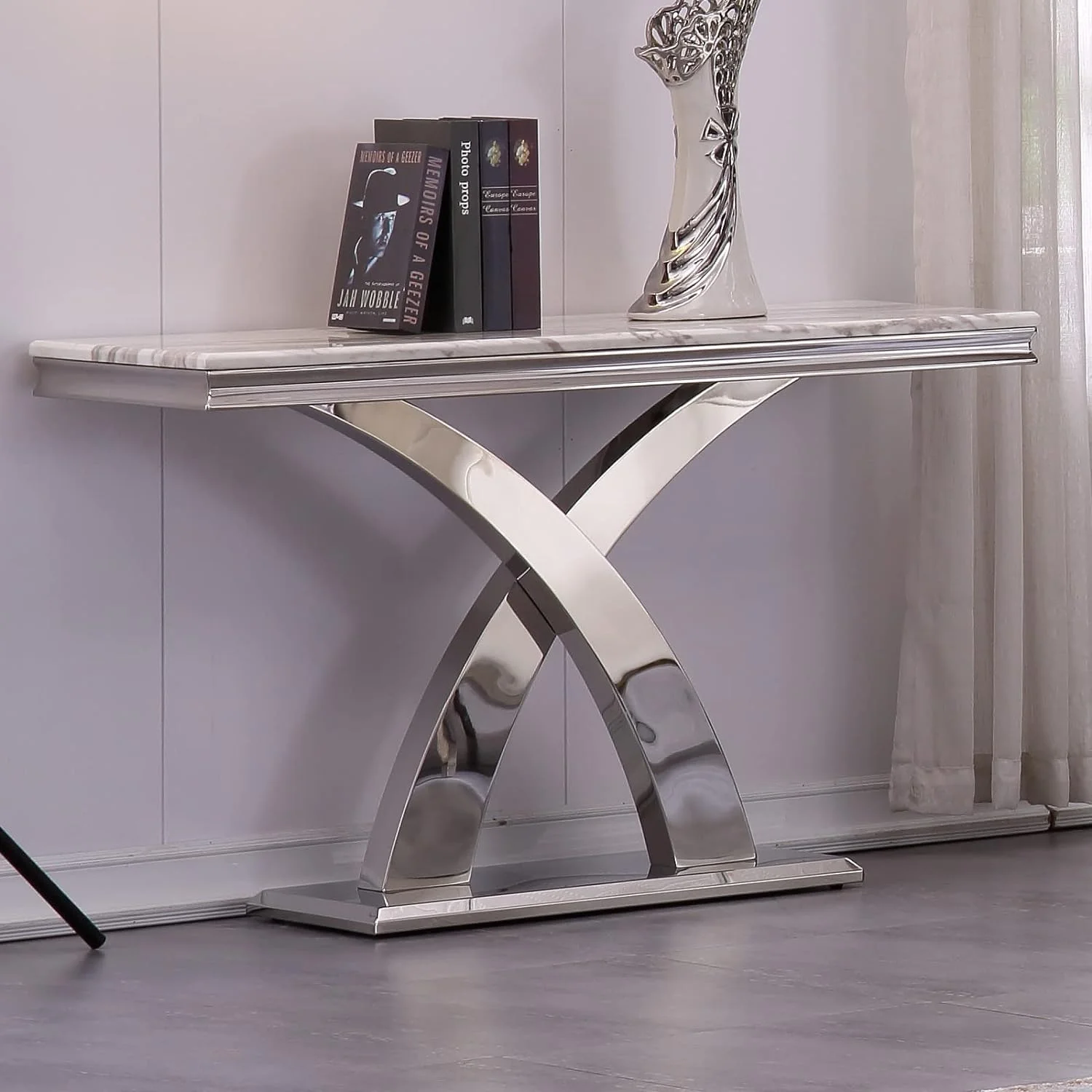 bc-Modern Rectangle Console Table Stainless Steel Base Polish Silver Finish Stable Entrance Hallway Table with X Base·