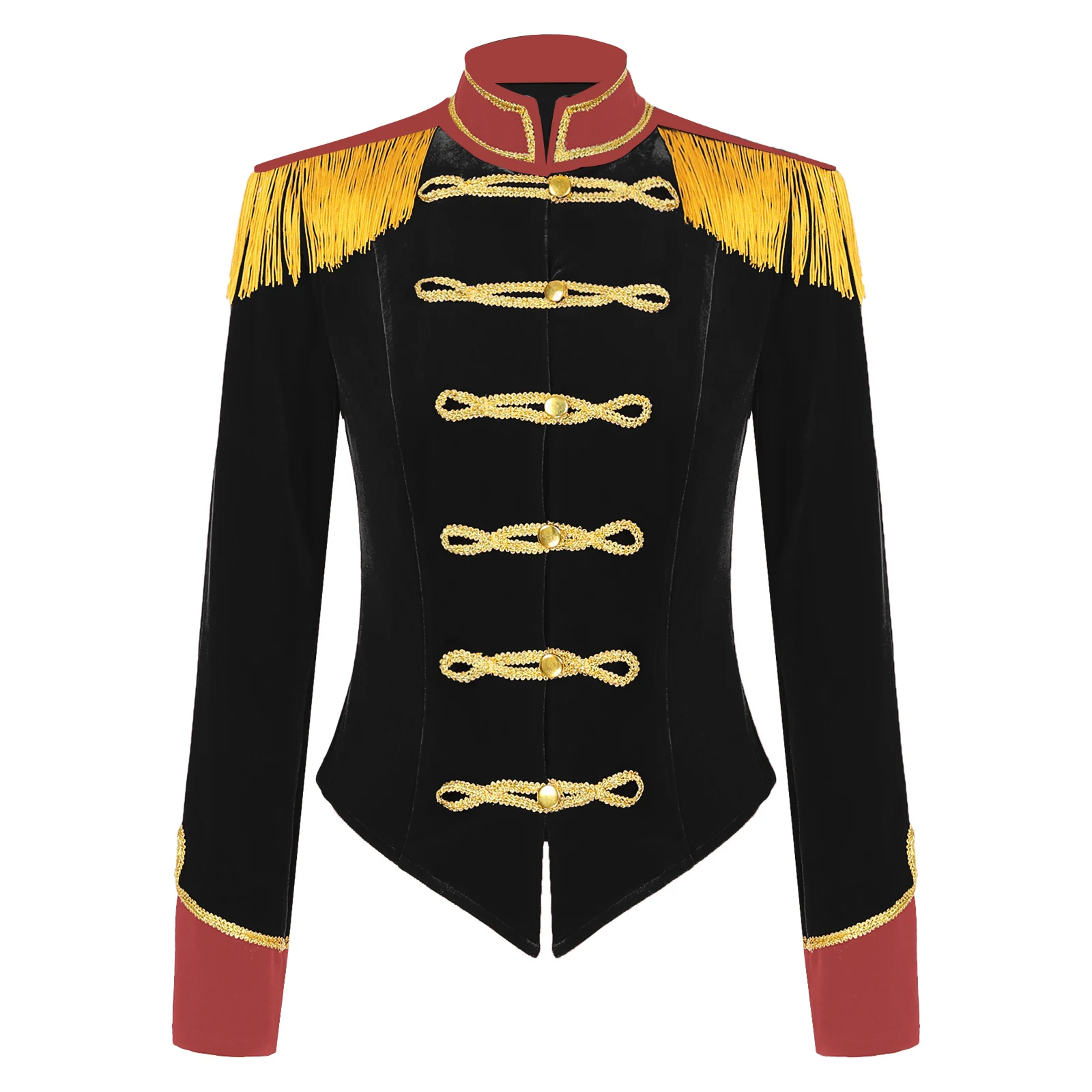 

Womens Circus Ringmaster Costume Halloween Theme Party Cosplay Outfit Stand Collar Fringed Shoulder Board Velvet Jacket Coat